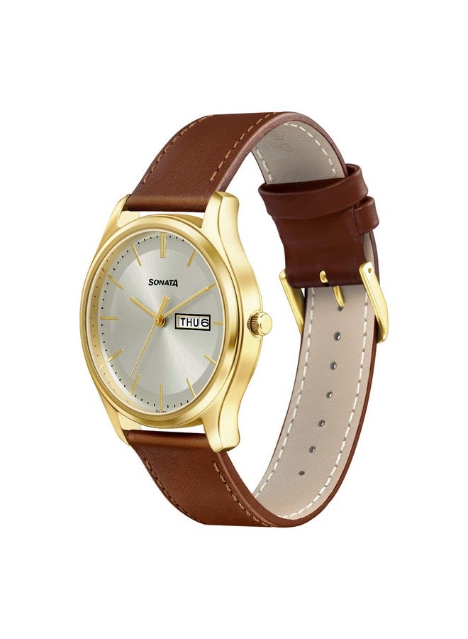 Sonata Quartz Analog with Day and Date Champagne Dial Leather Strap Watch for Men-NS77082YL06W - Image 2