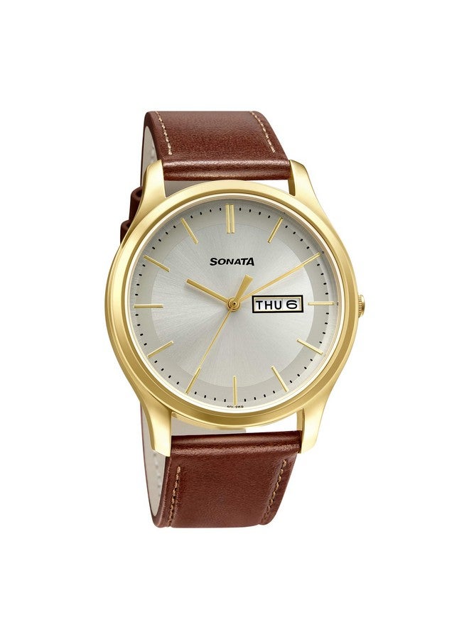 Sonata Quartz Analog with Day and Date Champagne Dial Leather Strap Watch for Men-NS77082YL06W - Image 1