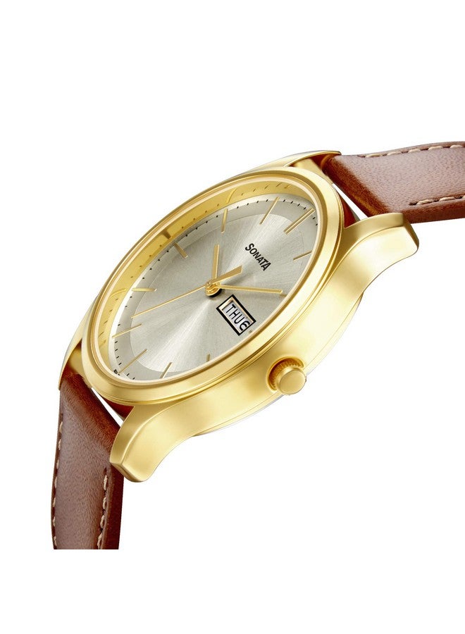 Sonata Quartz Analog with Day and Date Champagne Dial Leather Strap Watch for Men-NS77082YL06W - Image 3