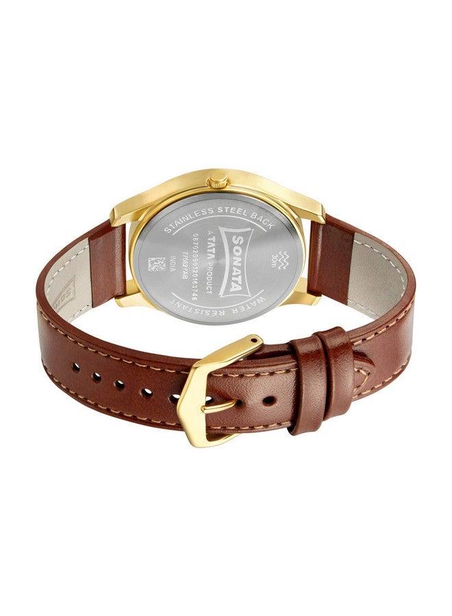 Sonata Quartz Analog with Day and Date Champagne Dial Leather Strap Watch for Men-NS77082YL06W - Image 4