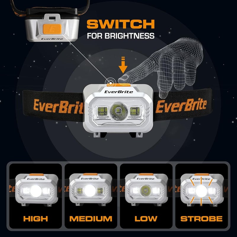 EverBrite LED Headlamp, 4 Lighting Modes, Pivoting Head with Adjustable Headband, IPX4 Water Resistant Perfect for Running, Camping, Hiking, Christmas, and Emergency, 3 AAA Battery Powered(2 Pack) - Image 2