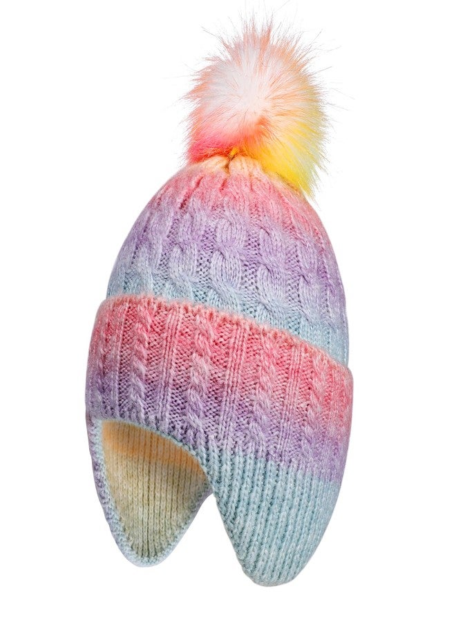 MEJORMEN Girls Rainbow Beanie with Earflap,Kids Warm Pom Pom Twisted Knit Winter Hat Ski Skull Cap for Toddler Girls Age 3-8 - Image 1