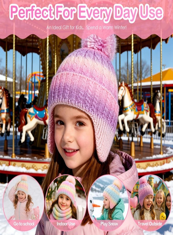 MEJORMEN Girls Rainbow Beanie with Earflap,Kids Warm Pom Pom Twisted Knit Winter Hat Ski Skull Cap for Toddler Girls Age 3-8 - Image 4