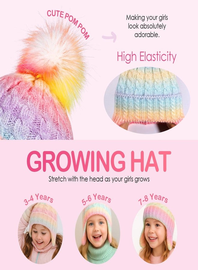MEJORMEN Girls Rainbow Beanie with Earflap,Kids Warm Pom Pom Twisted Knit Winter Hat Ski Skull Cap for Toddler Girls Age 3-8 - Image 3