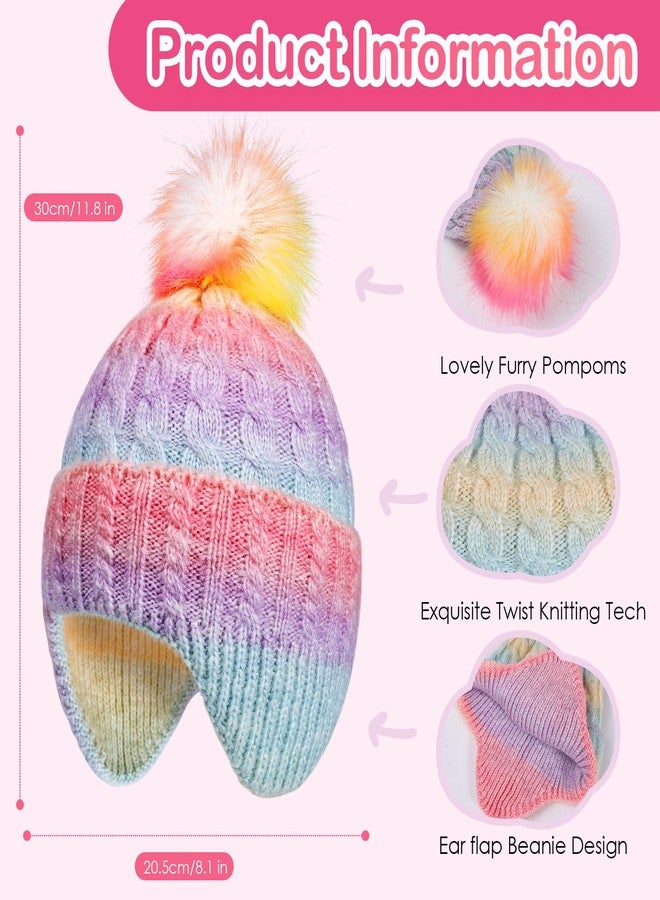 MEJORMEN Girls Rainbow Beanie with Earflap,Kids Warm Pom Pom Twisted Knit Winter Hat Ski Skull Cap for Toddler Girls Age 3-8 - Image 2