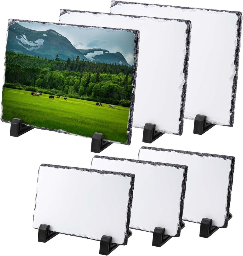 JAPCHET 6 Pack Sublimation Slate Blanks 2 Size Heat Transfer Rectangular Sublimation Photo Slate with Display Holder Personalized Rock Slate Photo Plaque for Desktop Souvenir DIY Personalized Gift - Image 1