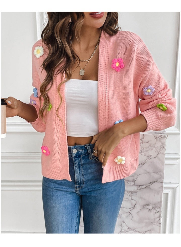NIBEMINENT Women Fall Winter Knit Cardigan Sweaters Flower Open Front Button Down Loose Cropped Cardigan Outerwear Ladies Sweaters For Fall - Image 1