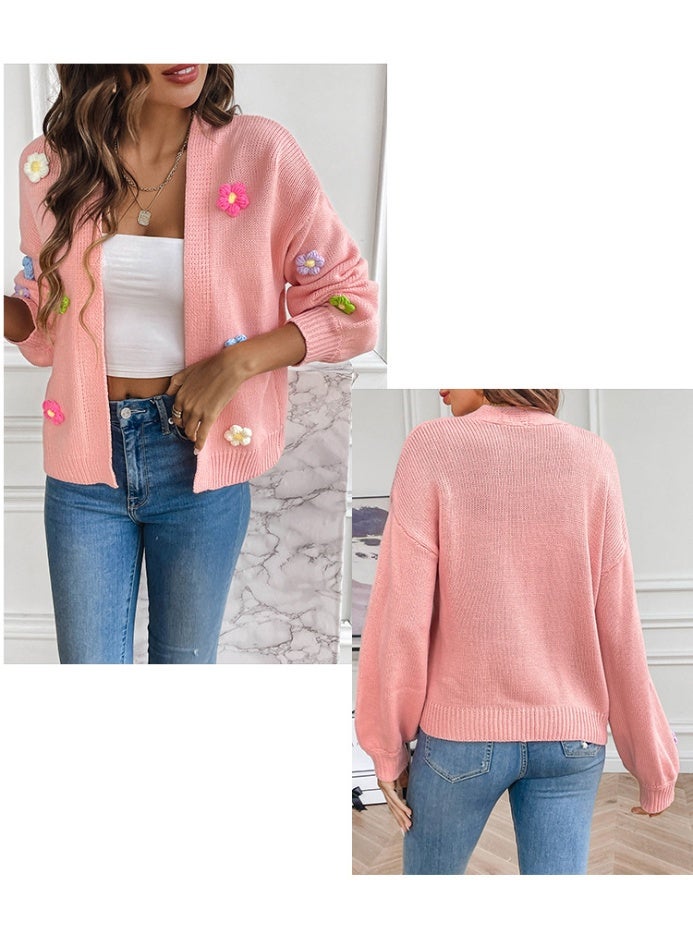 NIBEMINENT Women Fall Winter Knit Cardigan Sweaters Flower Open Front Button Down Loose Cropped Cardigan Outerwear Ladies Sweaters For Fall - Image 2