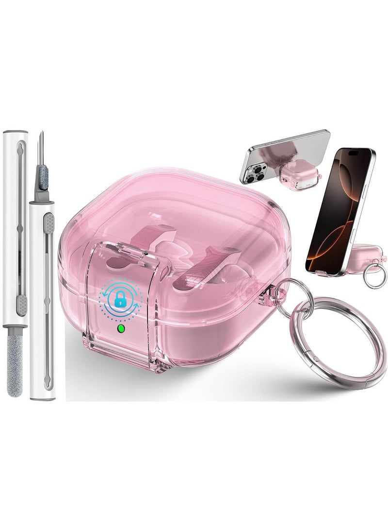 HaDoii Clip Lock Case for Samsung Galaxy Buds 4 Pro / Buds4 2026, Transparent Pink TPU Protective Cover with Cleaner Kit & Carabiner – for Men Women - Image 1