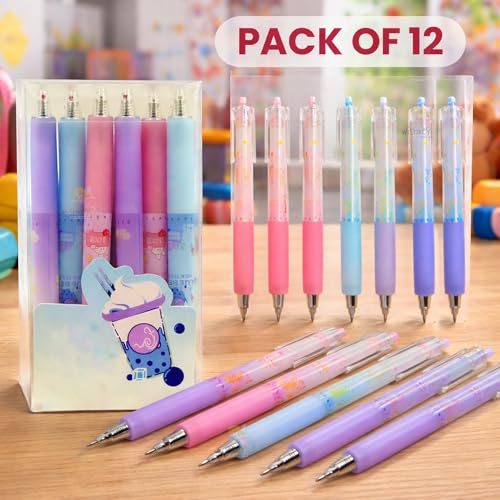WISHKEY Stylish Retractable Gel Pens for Kids, 0.5mm Gel Pen Set for Girls & Boys, Cute Printed, Smooth Writing Quick Dry Ink Elegant Pen for School Office Supplies, Blue Ink, 8+Years (Set of 12) - Image 2