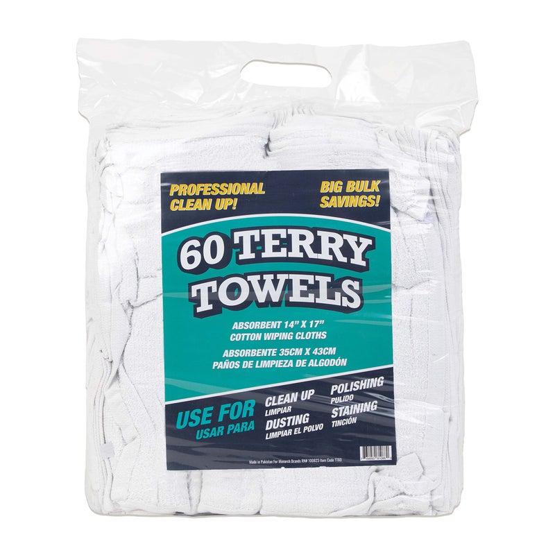 Arkwright, LLC Arkwright TT60 Terry Cloth Towels for Cleaning - (Pack of 60) 100% Cotton Washable Heavy Duty Bar Mop, Absorbent & Quick Drying, Bag of Rags for Kitchen, Auto Shop, and Garage, 14 x 17 in, White - Image 1