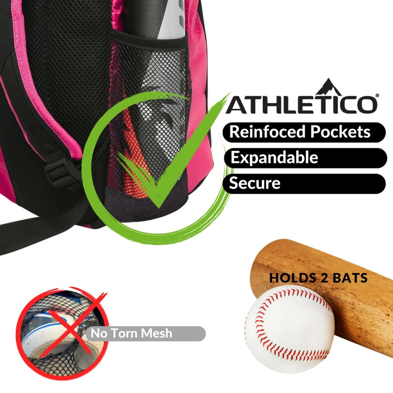 Athletico Youth Baseball Bag - Bat Backpack for Baseball, T-Ball & Softball Equipment & Gear | Holds Bat, Helmet, Glove | Fence Hook (Pink) - Image 4
