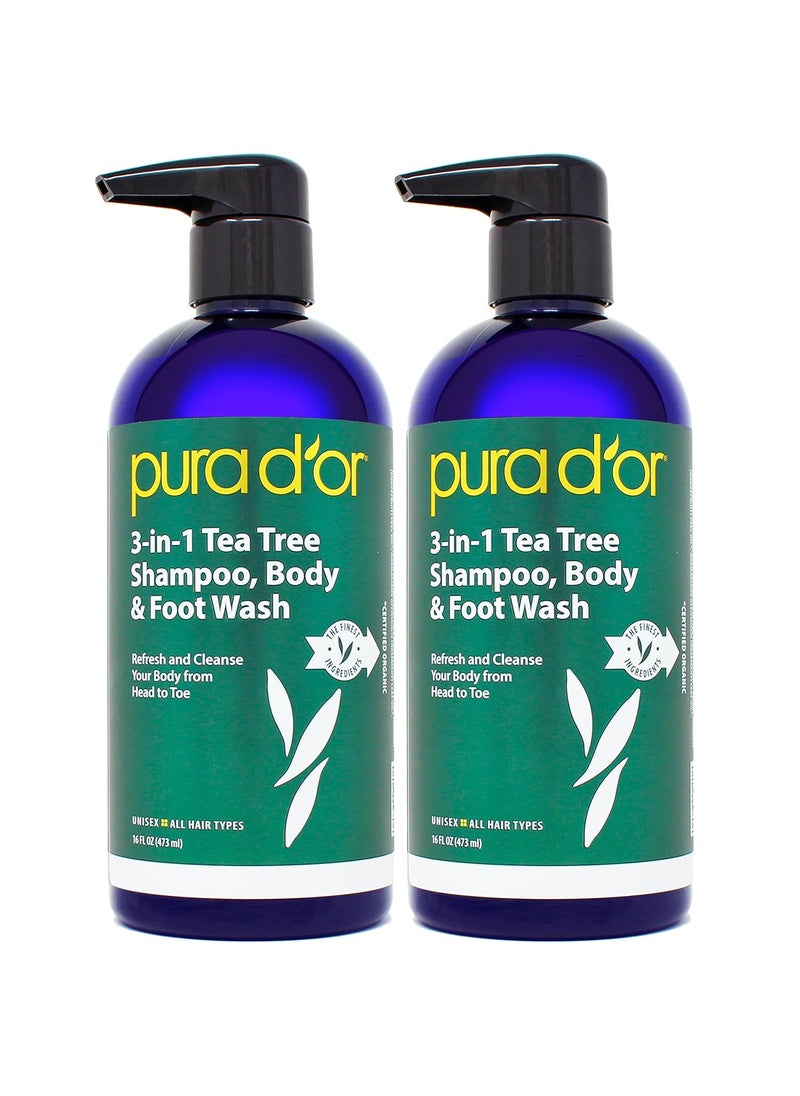 Pura d'or - PURA DOR 3in1 Tea Tree Shampoo Body  Foot Wash Shampoo 16oz x2  32oz Total Body Care  Foot Odor  Daily Hygiene Cleansing Routine PostWorkout Refreshment  Soothes Invigorates Nourishes - Image 1