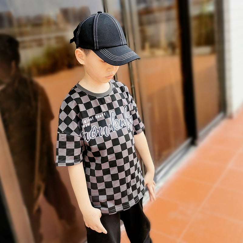 Boys Summer Korean New Children'S Wear Crew Neck Short Sleeve Girls Chessboard Top Children'S Half Sleeve T-Shirt - Image 4