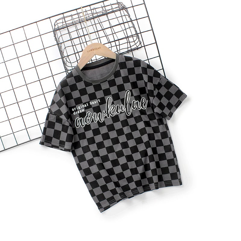 Boys Summer Korean New Children'S Wear Crew Neck Short Sleeve Girls Chessboard Top Children'S Half Sleeve T-Shirt - Image 1