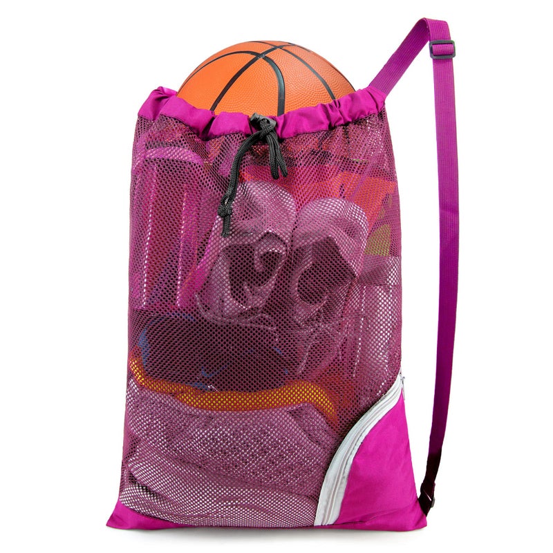 BeeGreen Mesh Drawstring Bag Swim Backpack for Beach Pool Sports Gym Draw String Cinch Bags for Swimming Soccer Basketball Gear Rose Red - Image 1