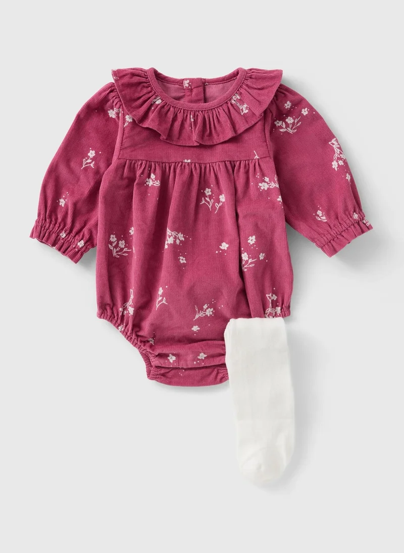 Baby Pink Floral Romper & Tights Set