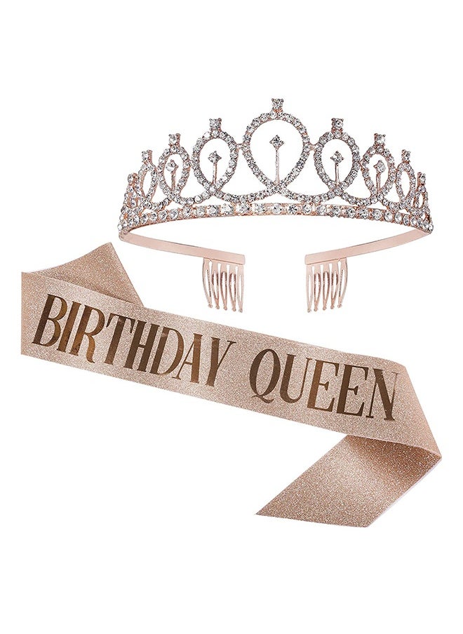 Peachjoy Happy Birthday Sash and Crown, Birthday Sash and Tiara for Women, Birthday Sash and Rhinestone Crown with Comb, Gift Kit for Birthday Decorations and Party Favors (Rose Gold)  - Image 1