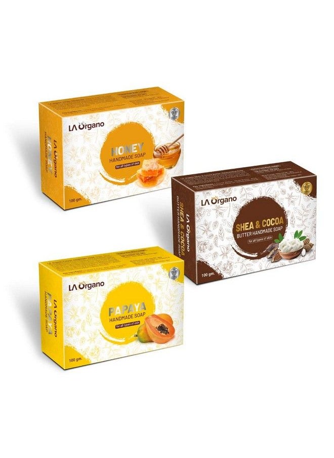 LA Organo Handmade Honey Shea Cocoa & Papaya Bath Soap (100G Each Pack Of 3)  - Image 1