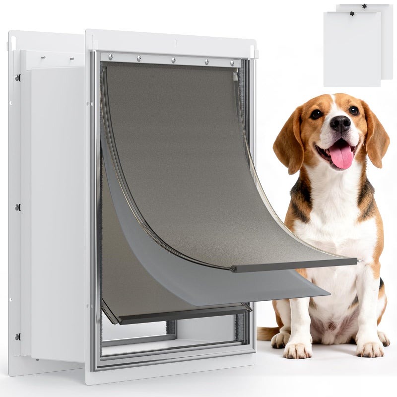 Powools Pet Dog Door for Wall - Robust Steel Pet Door with Magnetic Triple Flaps, 12.6" x 10" Flap Opening, Adjustable Tunnel for 3.4"-6" Thick PVC, Wood, Drywall, for Pets Up to 45lb, White - Image 1