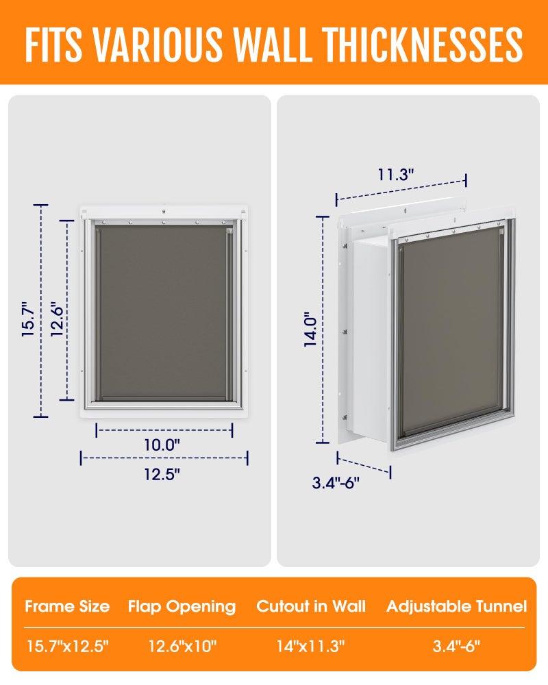 Powools Pet Dog Door for Wall - Robust Steel Pet Door with Magnetic Triple Flaps, 12.6" x 10" Flap Opening, Adjustable Tunnel for 3.4"-6" Thick PVC, Wood, Drywall, for Pets Up to 45lb, White - Image 5