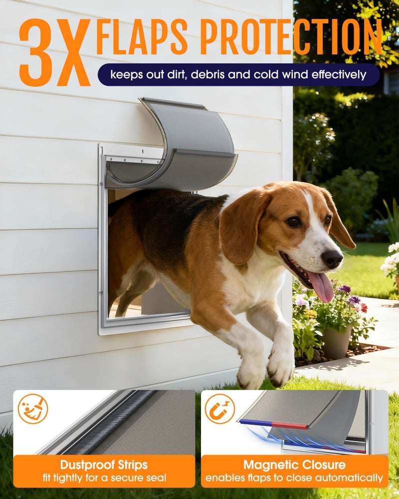 Powools Pet Dog Door for Wall - Robust Steel Pet Door with Magnetic Triple Flaps, 12.6" x 10" Flap Opening, Adjustable Tunnel for 3.4"-6" Thick PVC, Wood, Drywall, for Pets Up to 45lb, White - Image 2