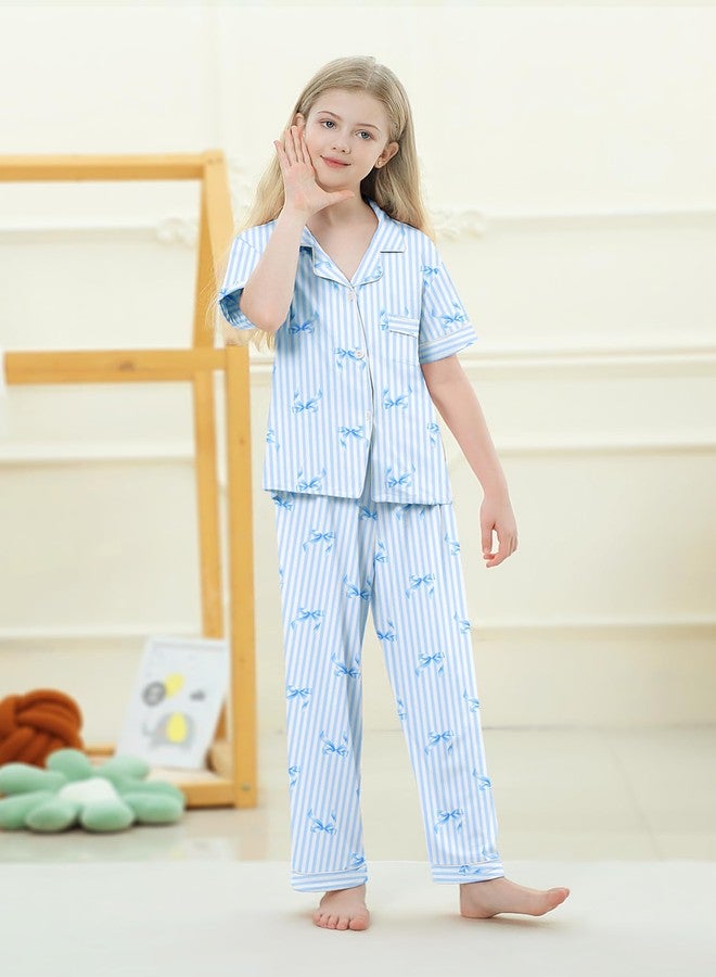 Umeyda Girls Pajamas Set Button Down Notch Collar Soft Short Sleeve Pjs Set with Long Pant Set Lounge Set, Blue Bow Striped, 9-10 years - Image 4