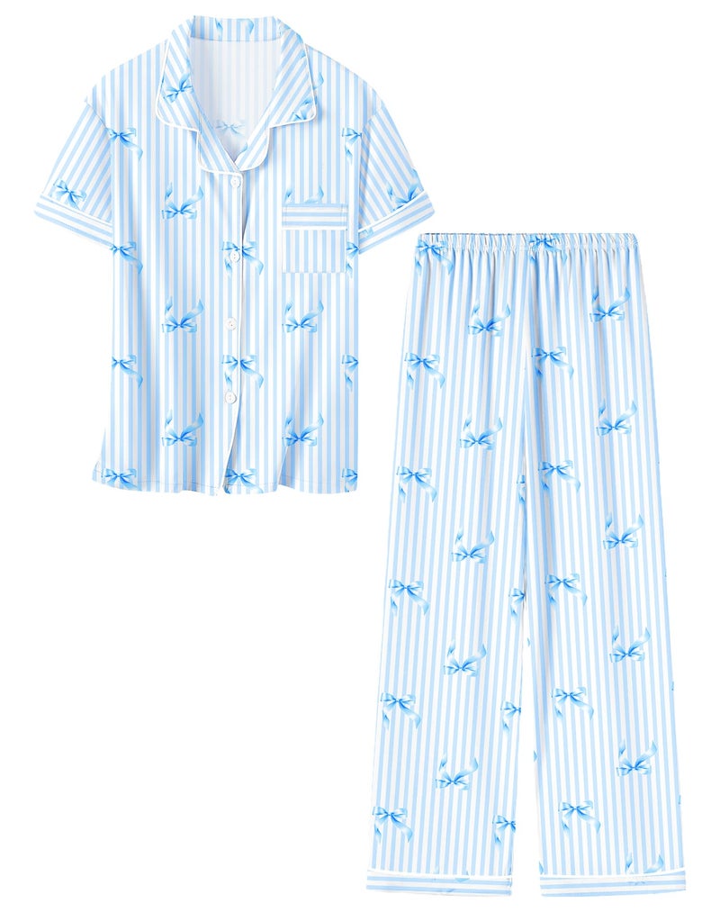 Umeyda Girls Pajamas Set Button Down Notch Collar Soft Short Sleeve Pjs Set with Long Pant Set Lounge Set, Blue Bow Striped, 9-10 years - Image 1