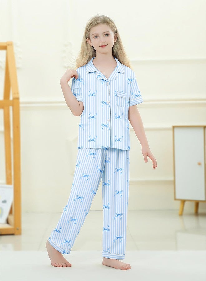 Umeyda Girls Pajamas Set Button Down Notch Collar Soft Short Sleeve Pjs Set with Long Pant Set Lounge Set, Blue Bow Striped, 9-10 years - Image 2