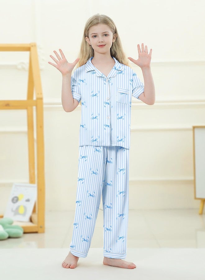 Umeyda Girls Pajamas Set Button Down Notch Collar Soft Short Sleeve Pjs Set with Long Pant Set Lounge Set, Blue Bow Striped, 9-10 years - Image 3