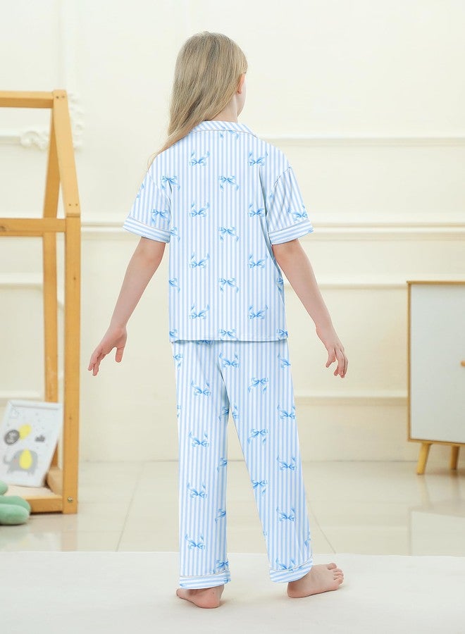 Umeyda Girls Pajamas Set Button Down Notch Collar Soft Short Sleeve Pjs Set with Long Pant Set Lounge Set, Blue Bow Striped, 9-10 years - Image 5