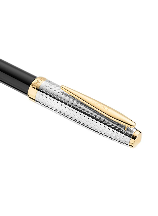 VERSACE Helius Silver Gold Dotted Stainless Steel Black Resin Roller Pen with Blue Ink for Men