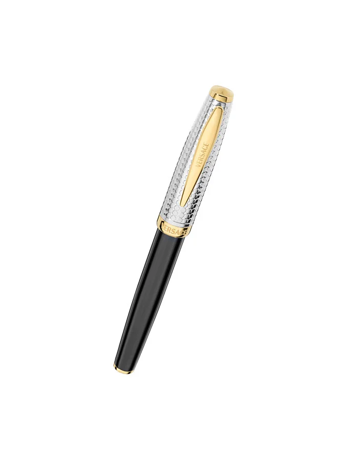 VERSACE Helius Silver Gold Dotted Stainless Steel Black Resin Roller Pen with Blue Ink for Men