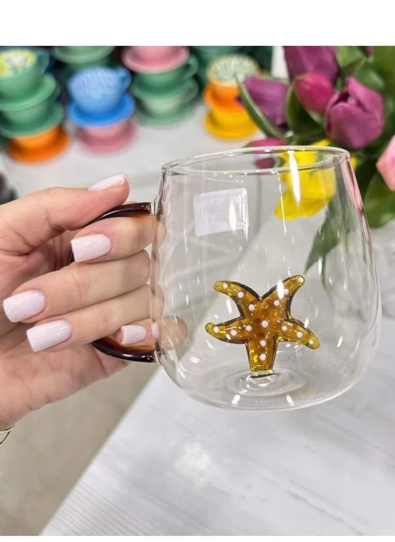1Chase Borosilicate Three-Dimensional Coffee Cup with Handle 300 ML (Star Fish)