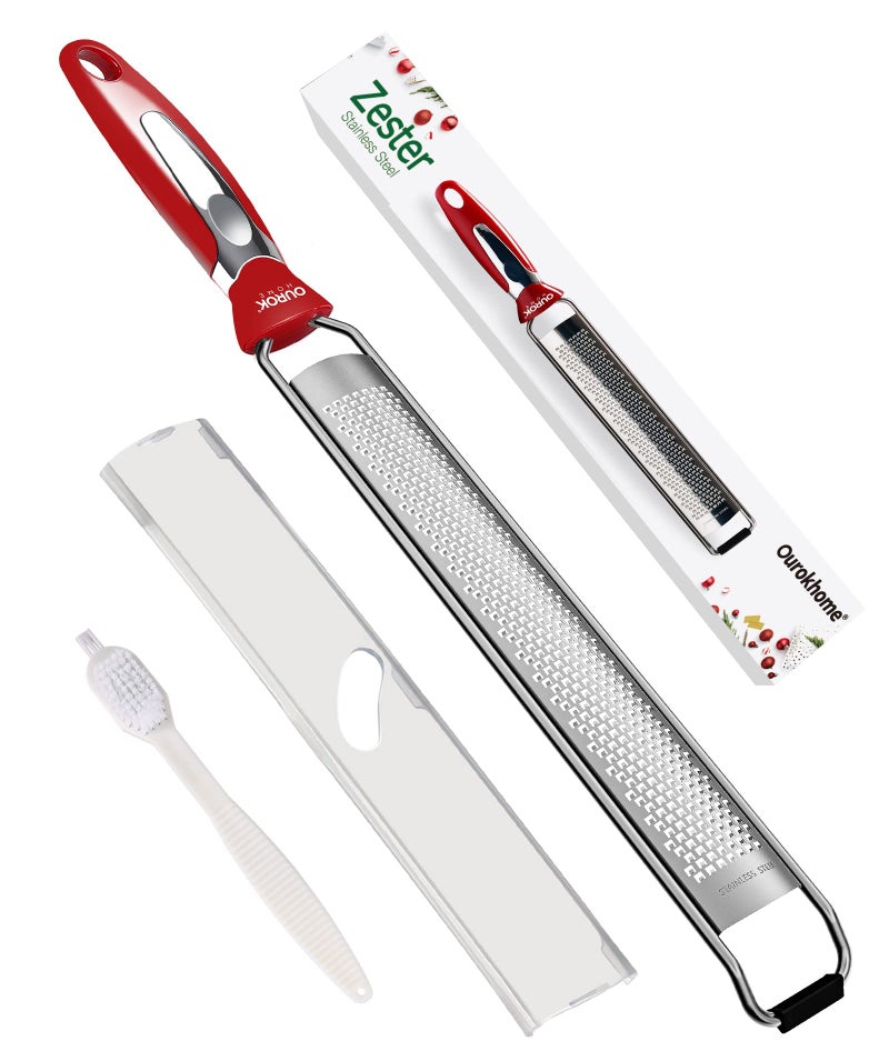 Ourokhome Kitchen Lemon Zester Stainless Steel Hand Held Parmesan Cheese Grater for Ginger Chocolate Coconut Lime Nutmeg Citrus Fruit Vegetable with Cleaning Brush Dishwasher safe Red