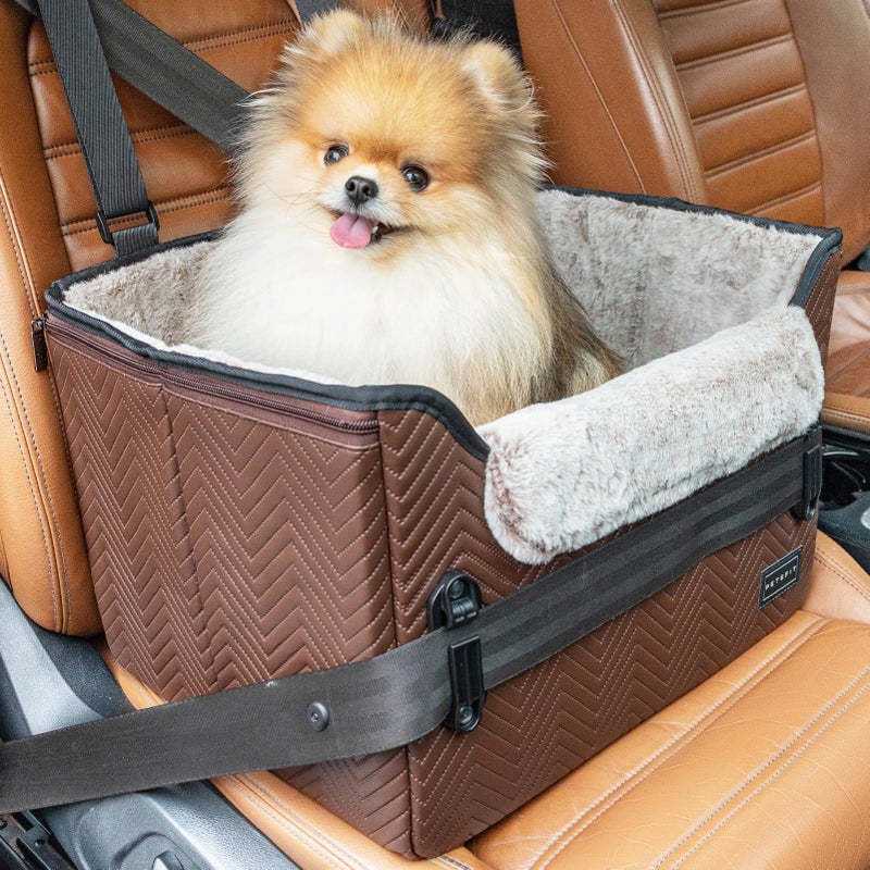 PETSFIT Car Seat for Dogs Waterproof PU Leather Dog Car Seat for Small Dogs with Patent Safe Buckles ClipOn Leash Pet Travel Carrier Bed for Small Pets Up to 25lbs Brown - Image 2