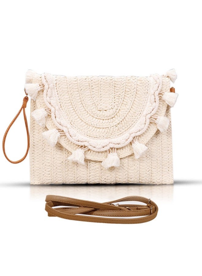 QTKJ Crossbody Bags For Women Straw Clutch Purses Simple White Tassel Handmade Woven Envelope Package Tassel Handbags For Women Vacation Travel Daily Matching - Image 1