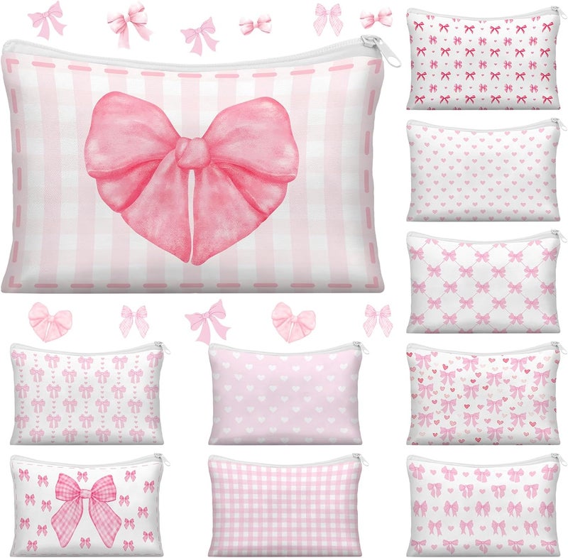 Reginary 10 Pack Coquette Pink Bow Cosmetic Bag for Woman Wedding Christmas Pink Aesthetic Makeup Bag Lovely Heart Preppy Pouch Zipper Coquette Birthday Party Favor Supplies for Team Bestie Family