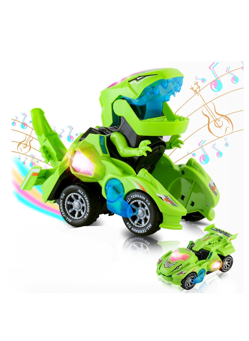 Excefore - Dinosaur Car Toys, with LED Lights and Music,Automatic Transforming 2-in-1 Dinosaur Transformer Toy for Kids (Green) - Image 1