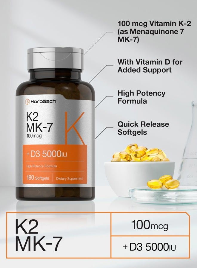 Horbaach فيتامين د3 ك2 5000 وحدة دولية | 100 ميكروغرام مركب MK-7 | 180 كبسولة لينة | مكمل غير معدل وراثيًا وخالي من الغلوتين - Image 4
