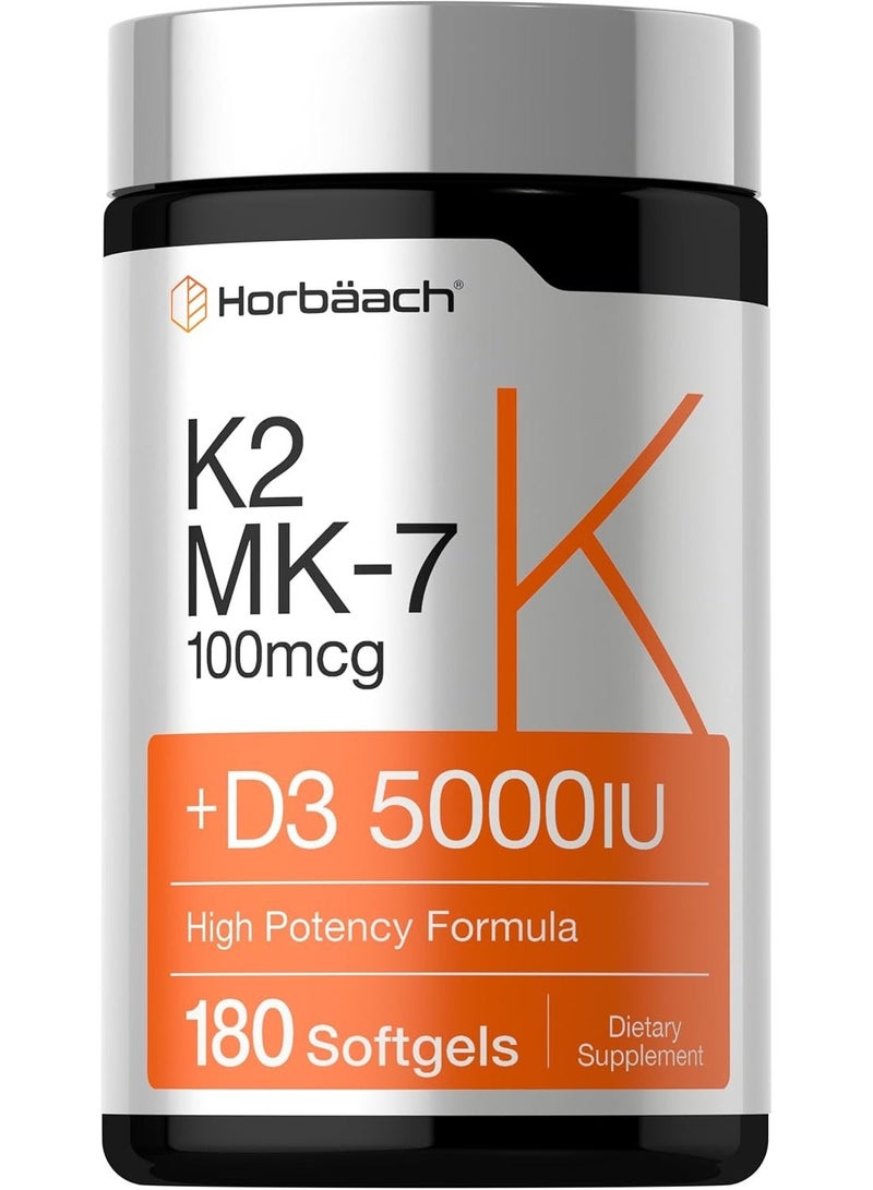 Horbaach فيتامين د3 ك2 5000 وحدة دولية | 100 ميكروغرام مركب MK-7 | 180 كبسولة لينة | مكمل غير معدل وراثيًا وخالي من الغلوتين - Image 1