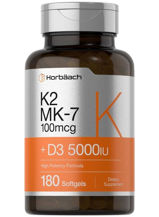 Horbaach فيتامين د3 ك2 5000 وحدة دولية | 100 ميكروغرام مركب MK-7 | 180 كبسولة لينة | مكمل غير معدل وراثيًا وخالي من الغلوتين - Image 2