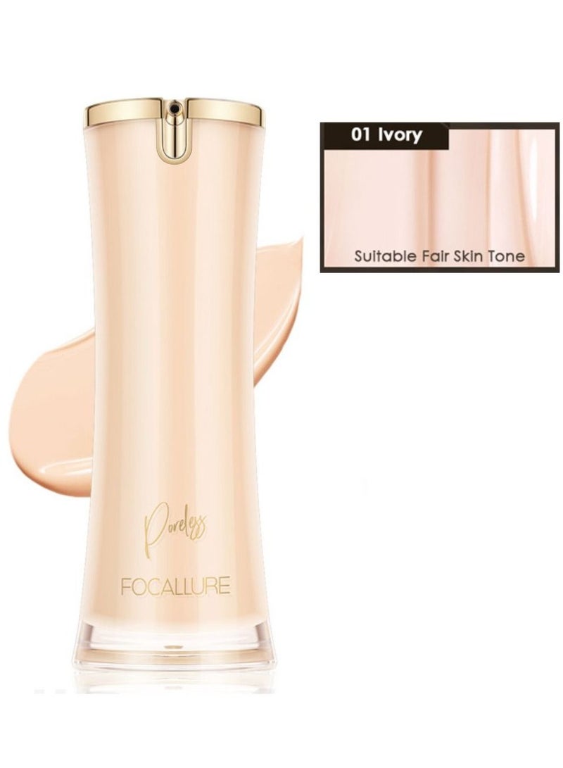 FOCALLURE Perfect Base Lasting Poreless Liquid Foundation, Medium to Full Coverage with Matte Finish, Covers Blemishes & Under-Eye Circles for All Skin Types-01 Ivory - Image 1