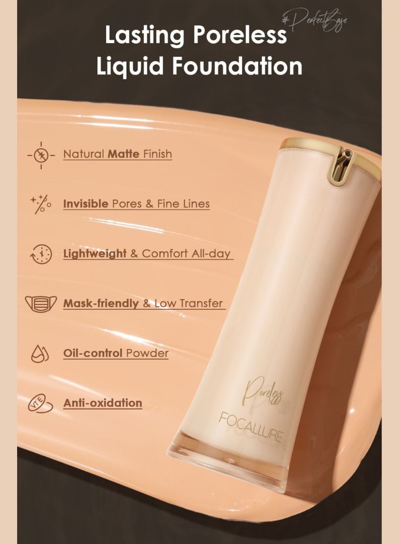 FOCALLURE Perfect Base Lasting Poreless Liquid Foundation, Medium to Full Coverage with Matte Finish, Covers Blemishes & Under-Eye Circles for All Skin Types-01 Ivory - Image 4