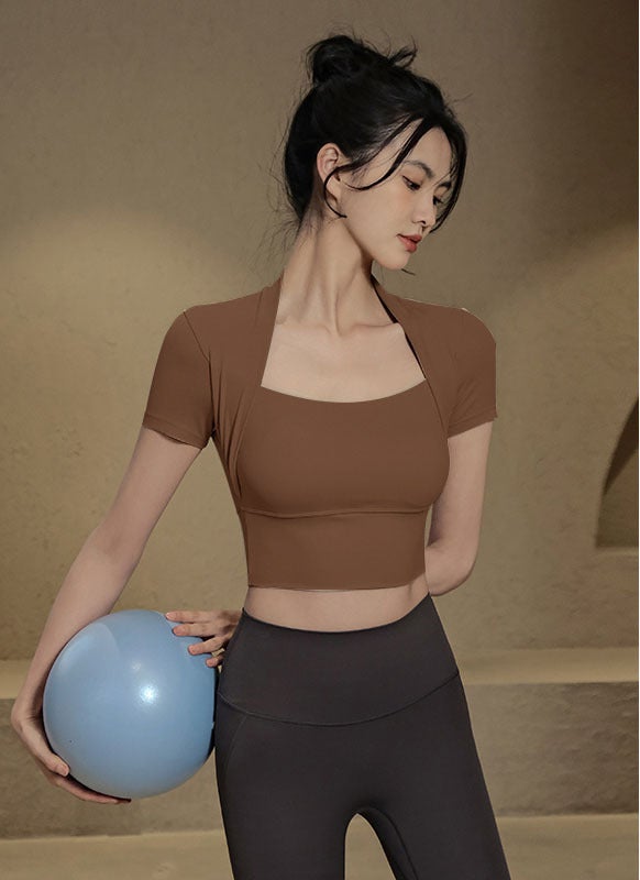 Generic Shawl Yoga Suit Female Summer Sports Short Sleeve T-Shirt Running Quick Dry Pilates Tops with Chest Mat Fitness Training Suit Coffee