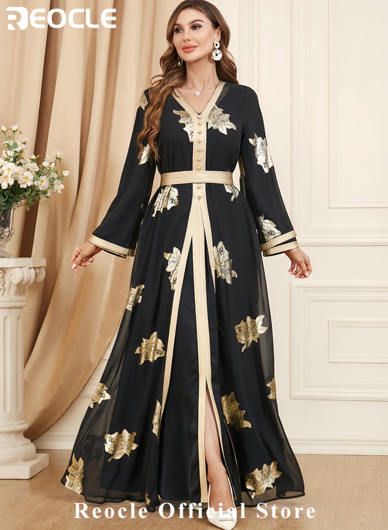 REOCLE Women's Elegant Embroidered Satin Kaftan Luxury Maxi Abaya Modest Evening Gown Flowing Robe for Weddings Banquets & Special Occasions - Image 3