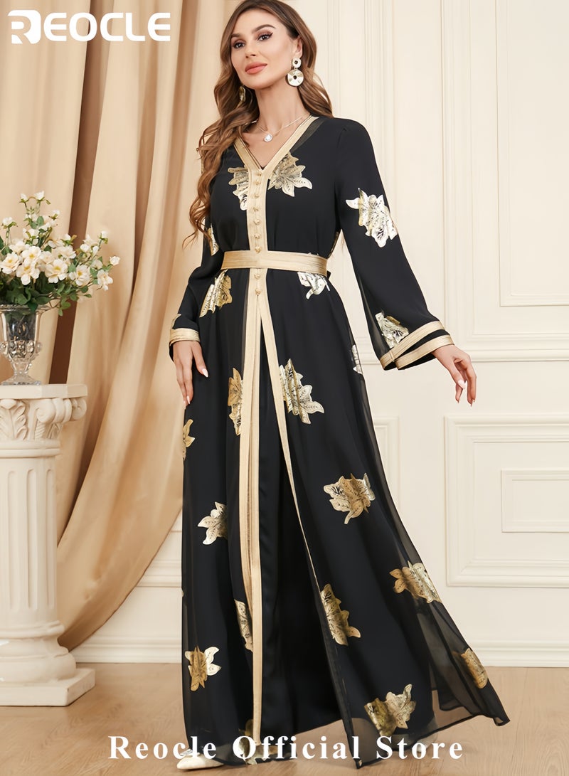 REOCLE Women's Elegant Embroidered Satin Kaftan Luxury Maxi Abaya Modest Evening Gown Flowing Robe for Weddings Banquets & Special Occasions - Image 4
