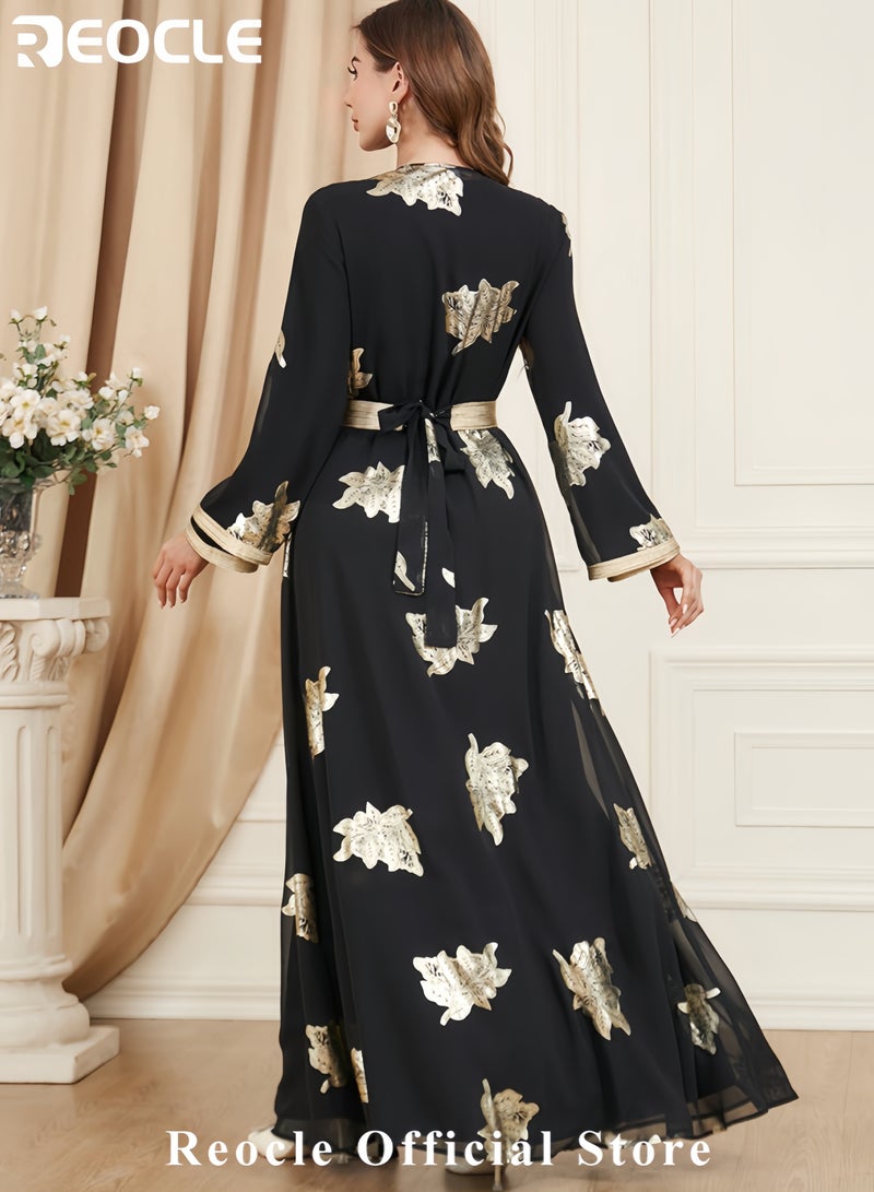 REOCLE Women's Elegant Embroidered Satin Kaftan Luxury Maxi Abaya Modest Evening Gown Flowing Robe for Weddings Banquets & Special Occasions - Image 5
