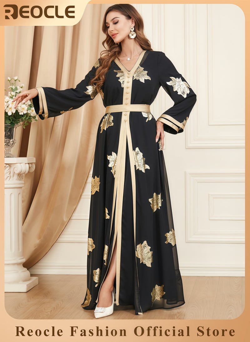 REOCLE Women's Elegant Embroidered Satin Kaftan Luxury Maxi Abaya Modest Evening Gown Flowing Robe for Weddings Banquets & Special Occasions - Image 1