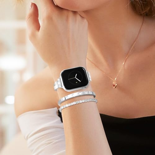 Moinspire Silver Slim Band and 2Pcs 18k Golden Bracelet Set for Women Compatible with Apple Watch 38mm 40mm 41mm 42mm(S10/11) Adjustable Metal Dressy Strap for iWatch Series 11/10/9/8/7/6/5/4/SE/3/2/1 - Image 2
